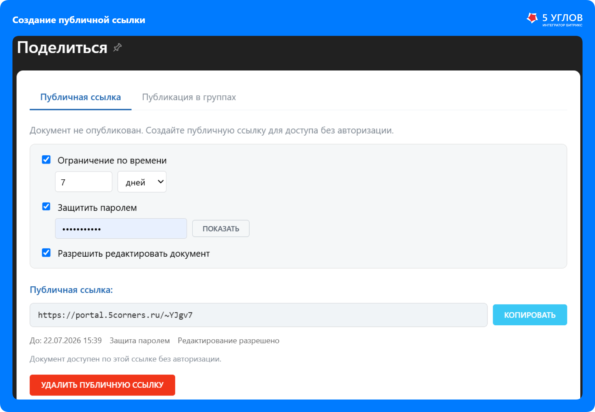 Создание публичной ссылки с ограничением по времени и паролем